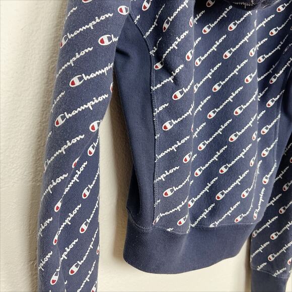 Champion Reverse Weave All Over Print Hoodie Blue White Small - Picture 9 of 12